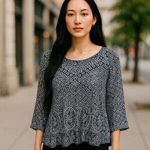 LUCKY BRAND Blue Paisley Boho Long Sleeve Scoop Neck Lightweight Top ~ Women's L